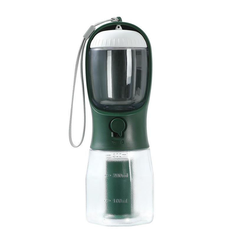 Green and clear pet water bottle with a strap on a white background