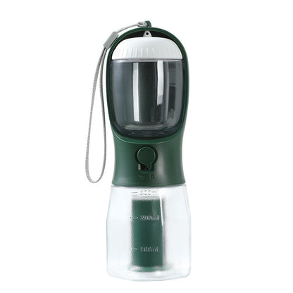 Green and clear pet water bottle with a strap on a white background