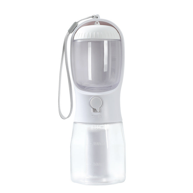 Portable pet water bottle with a white base and clear top on a white background