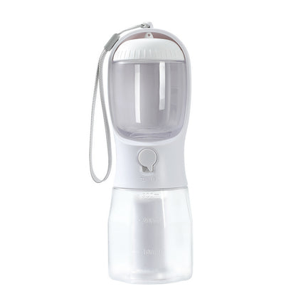Portable pet water bottle with a white base and clear top on a white background