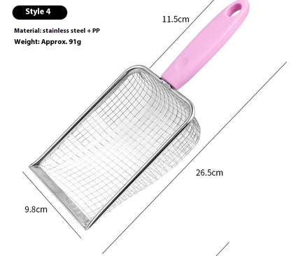 Mesh grater with pink handle and dimensions on a white background